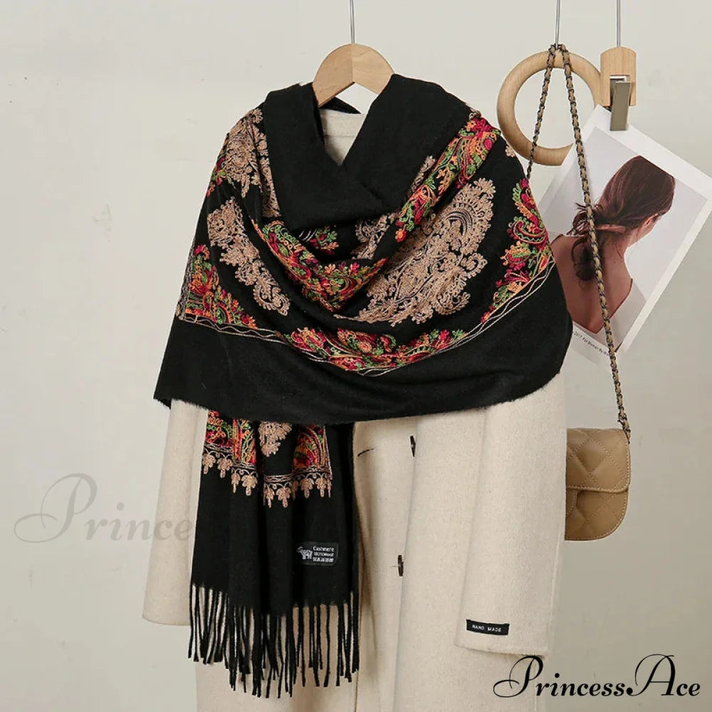 Cashmere Floral Print Winter Blanket Wrap Scarf Black 2 Scarfs-L