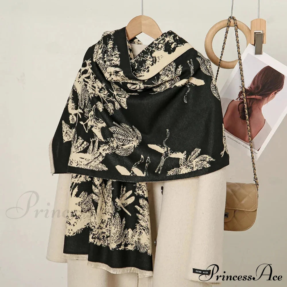 Cashmere Floral Print Winter Blanket Wrap Scarf Black Scarfs-L