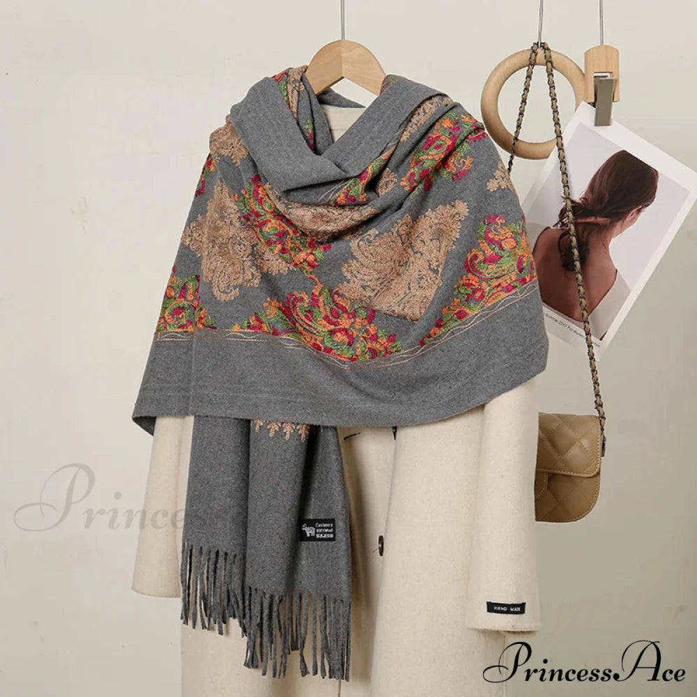 Cashmere Floral Print Winter Blanket Wrap Scarf Dark Grey Scarfs-L