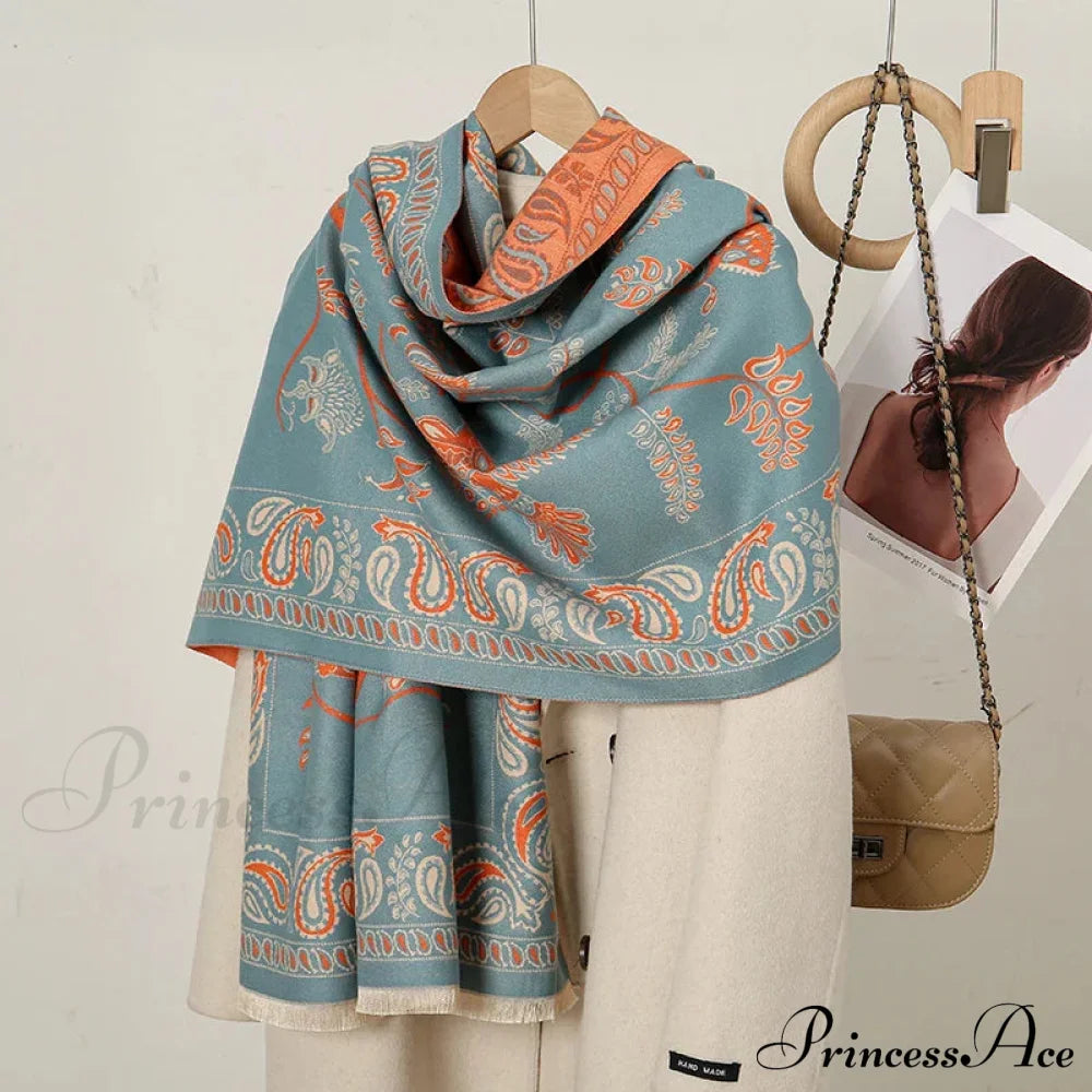 Cashmere Floral Print Winter Blanket Wrap Scarf Grey Blue Scarfs-L