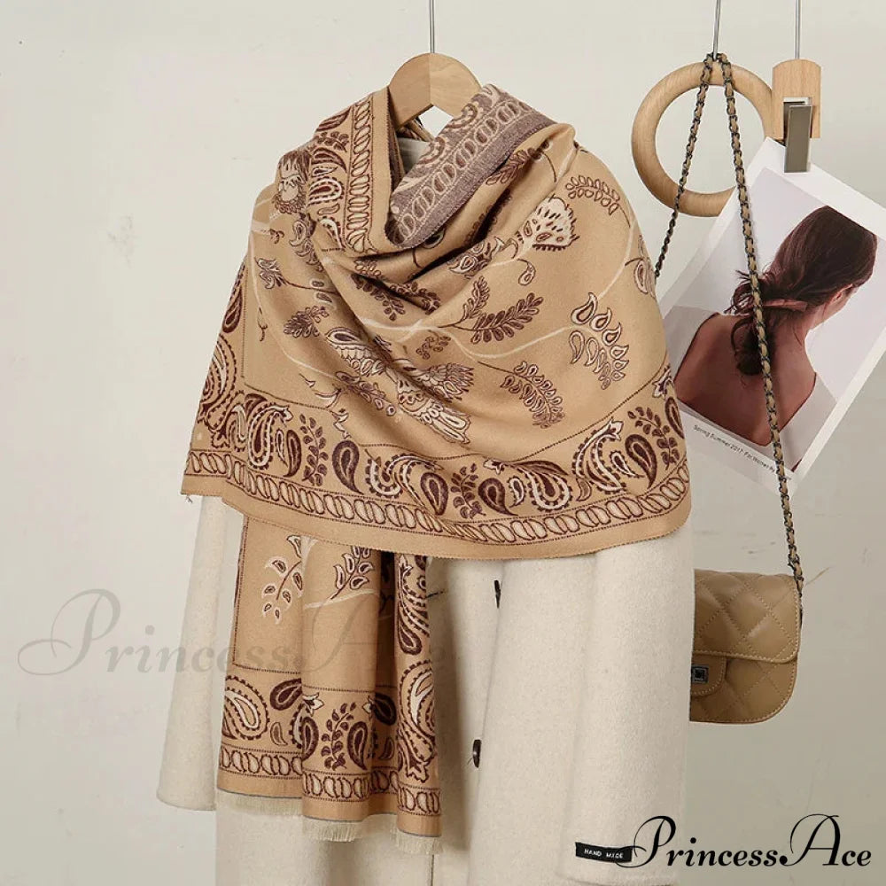 Cashmere Floral Print Winter Blanket Wrap Scarf Khaki 3 Scarfs-L