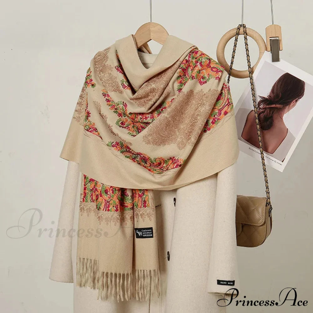 Cashmere Floral Print Winter Blanket Wrap Scarf Khaki Scarfs-L