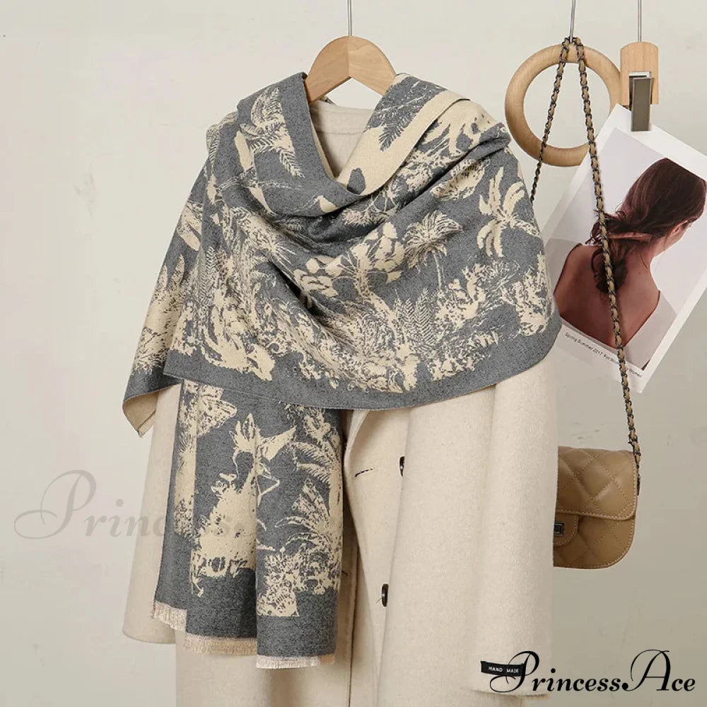 Cashmere Floral Print Winter Blanket Wrap Scarf Light Grey Scarfs-L