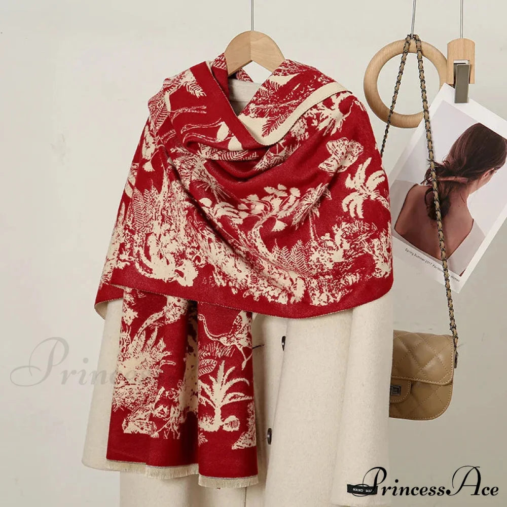 Cashmere Floral Print Winter Blanket Wrap Scarf Red 1 Scarfs-L