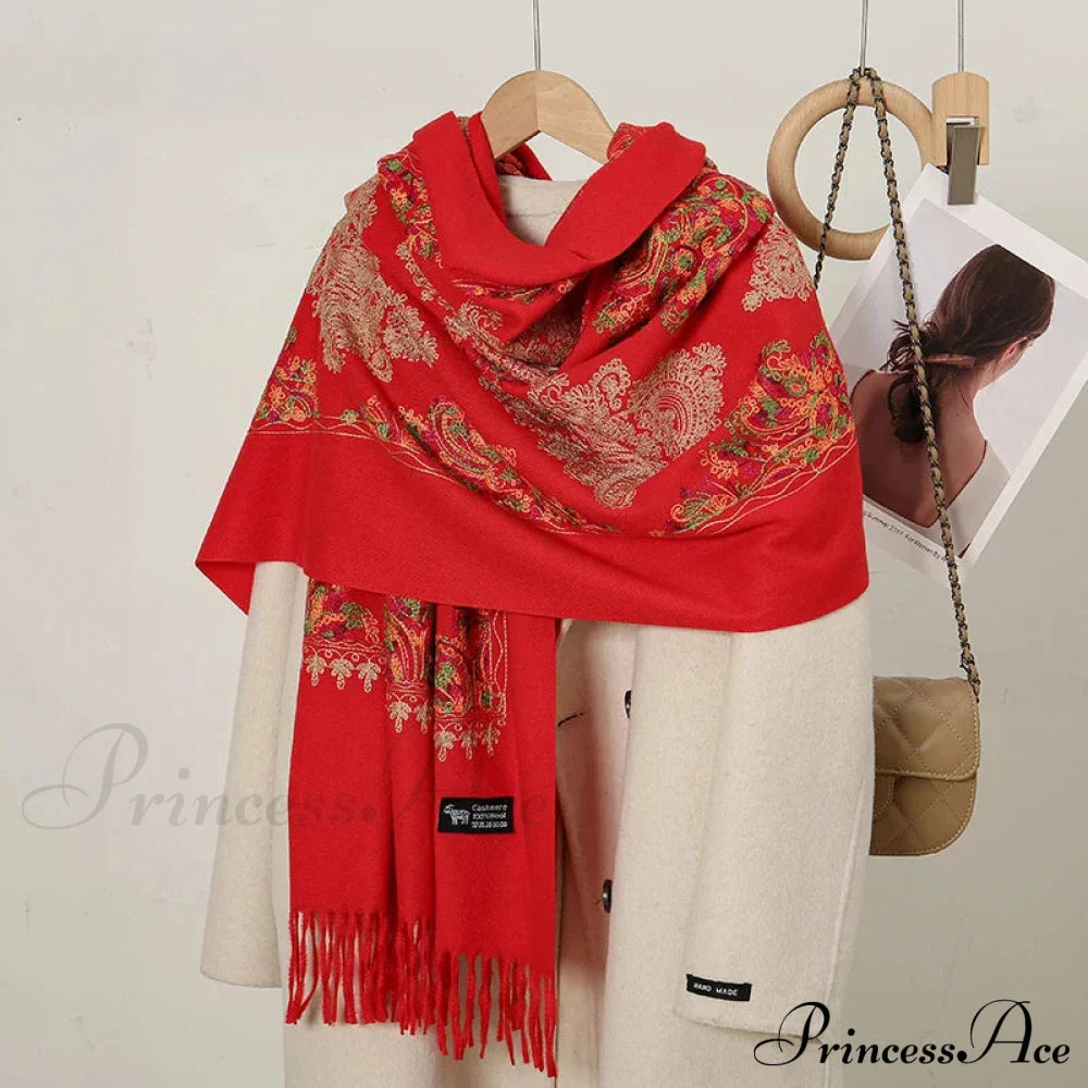 Cashmere Floral Print Winter Blanket Wrap Scarf Red 2 Scarfs-L