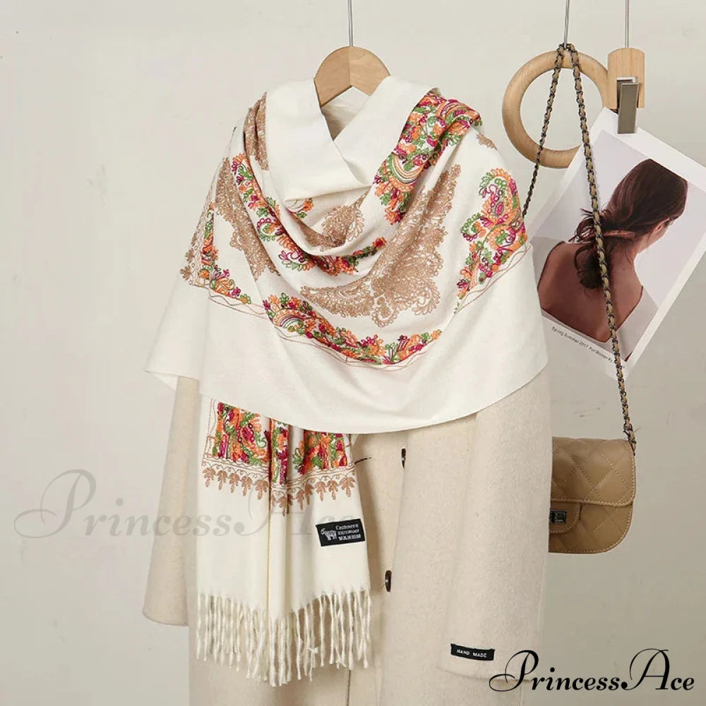 Cashmere Floral Print Winter Blanket Wrap Scarf White Scarfs-L