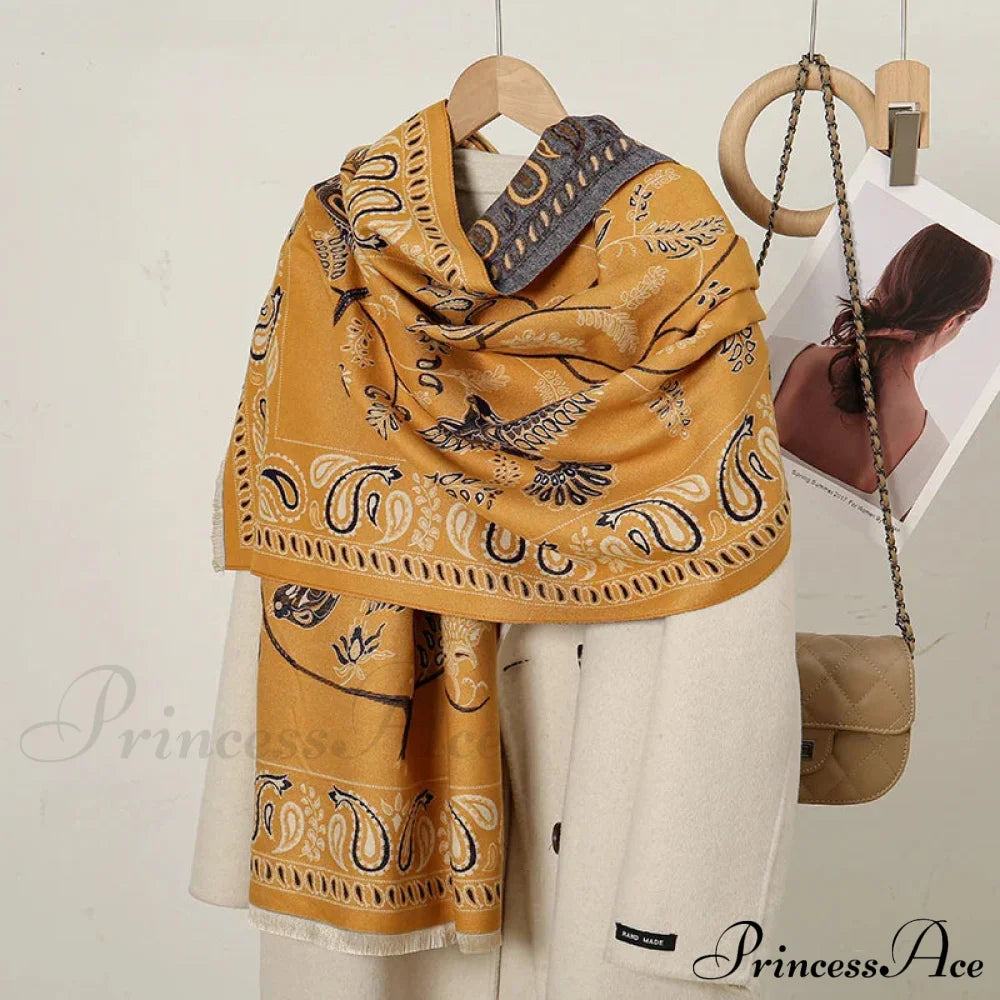 Cashmere Floral Print Winter Blanket Wrap Scarf Yellow Scarfs-L