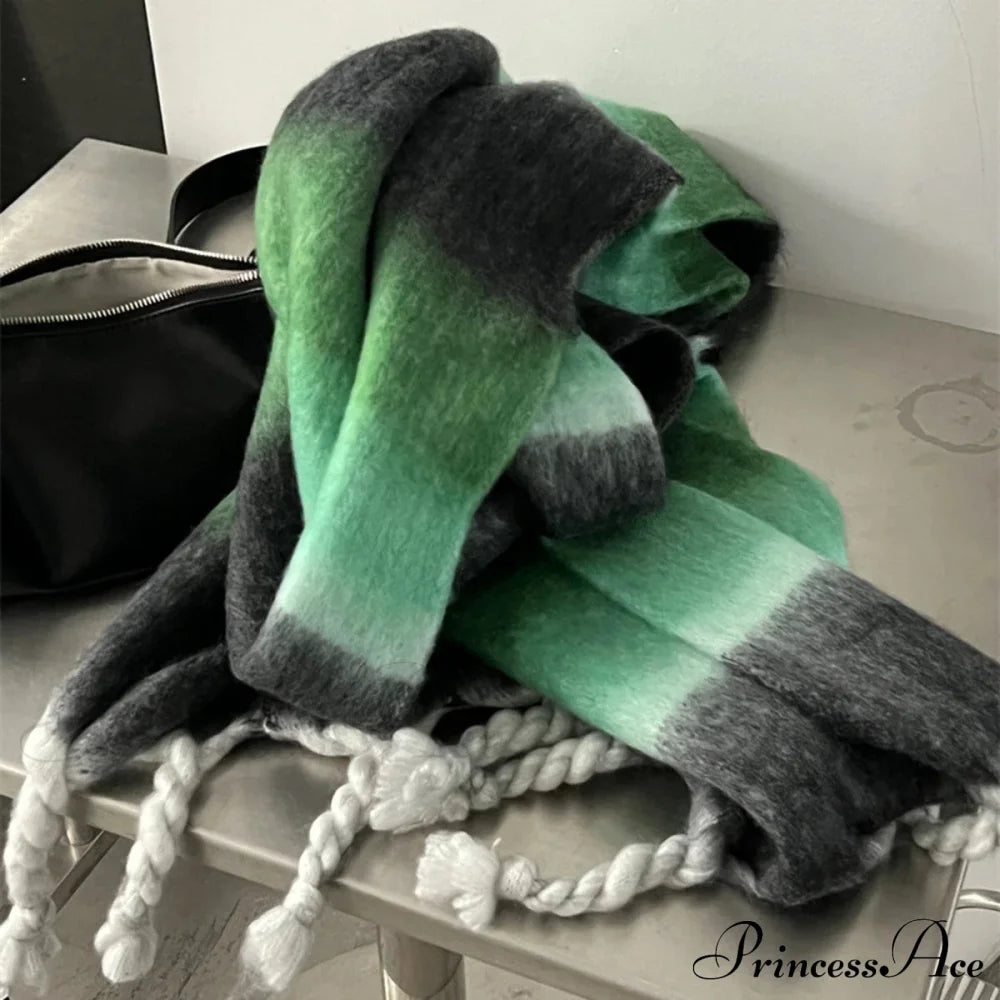 Cashmere Thick Warm Blanket Colorful Plaid With Long Tassels Soft Wrap Scarf Green Scarfs-L