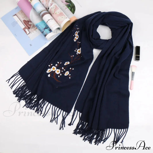 Cashmere Winter Flower Pashmina Shawl With Tassels Black Scarfs-L