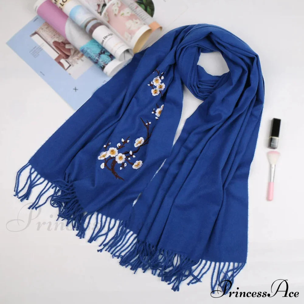 Cashmere Winter Flower Pashmina Shawl With Tassels Blue Scarfs-L