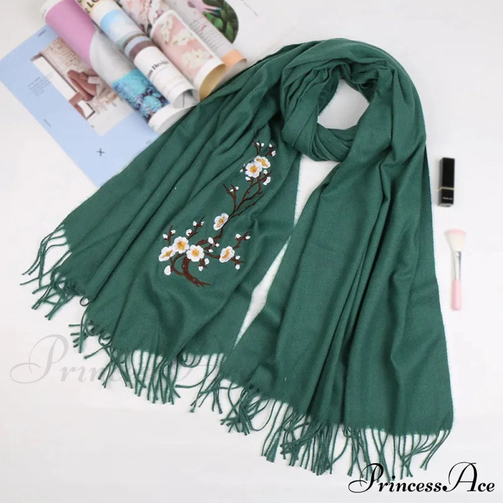 Cashmere Winter Flower Pashmina Shawl With Tassels Green Scarfs-L