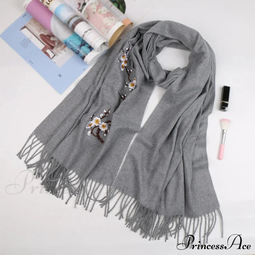 Cashmere Winter Flower Pashmina Shawl With Tassels Grey Scarfs-L