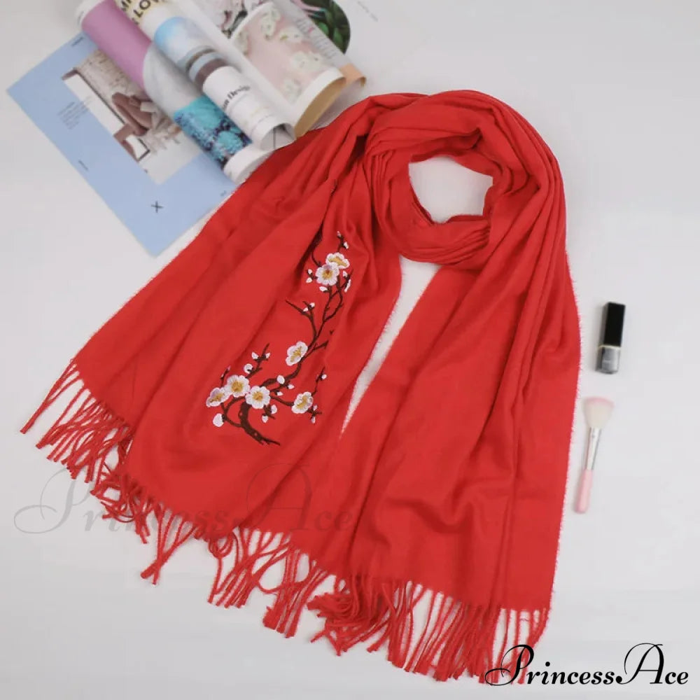 Cashmere Winter Flower Pashmina Shawl With Tassels Red Scarfs-L