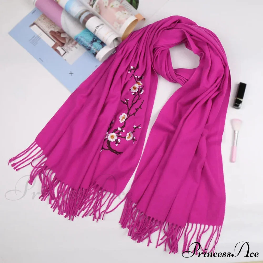 Cashmere Winter Flower Pashmina Shawl With Tassels Rose Red Scarfs-L