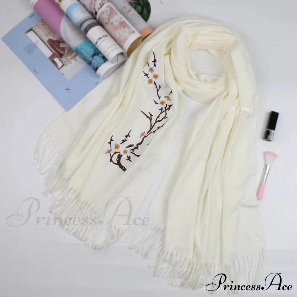 Cashmere Winter Flower Pashmina Shawl With Tassels White Scarfs-L