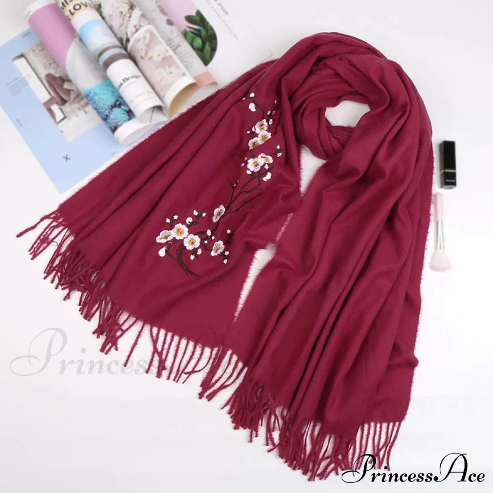 Cashmere Winter Flower Pashmina Shawl With Tassels Wine Red Scarfs-L