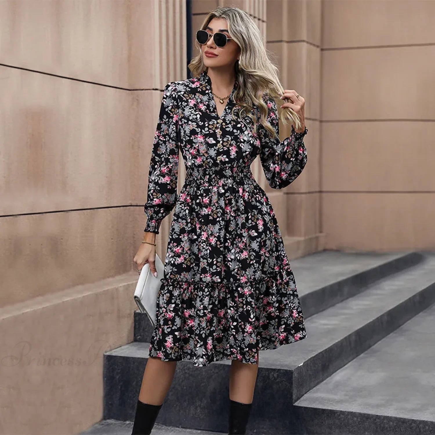 Casual A-line V-neck Floral Dress Black / S oldfloraldress-250126