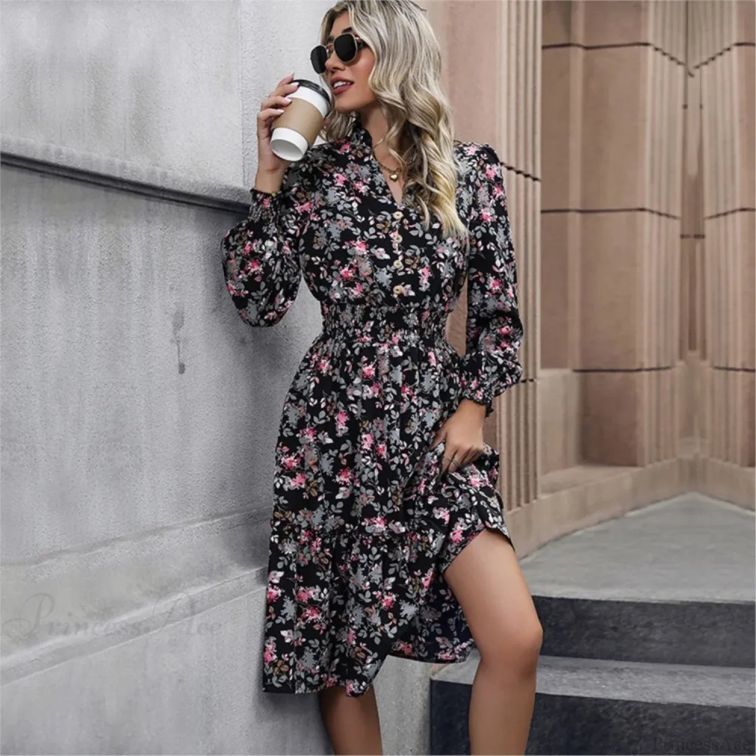 Casual A-line V-neck Floral Dress oldfloraldress-250126