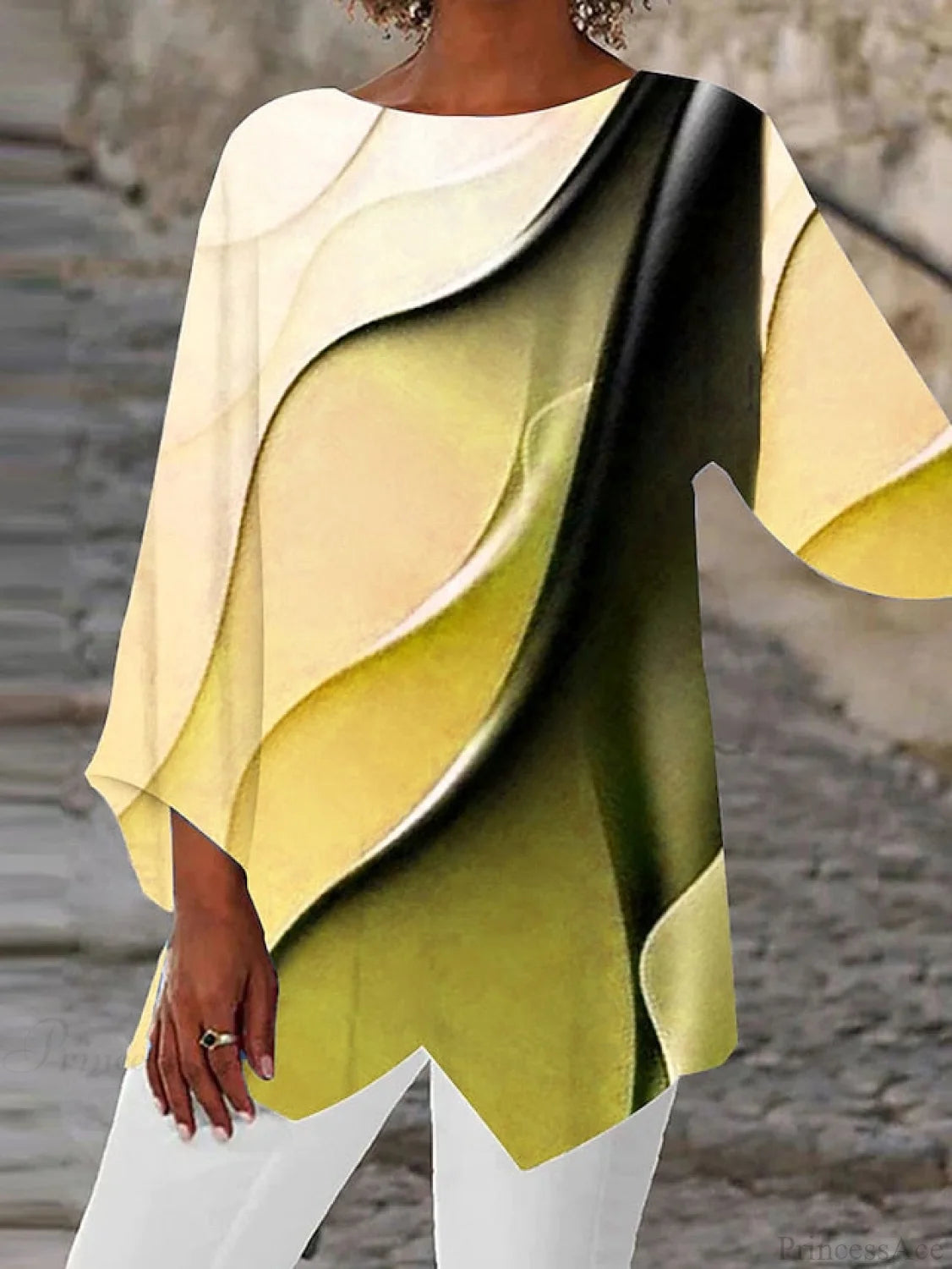 Casual Round Design Women’s Blouse Abstract Asymmetric Graphic Yellow Long Neck - Arm Basic Pink