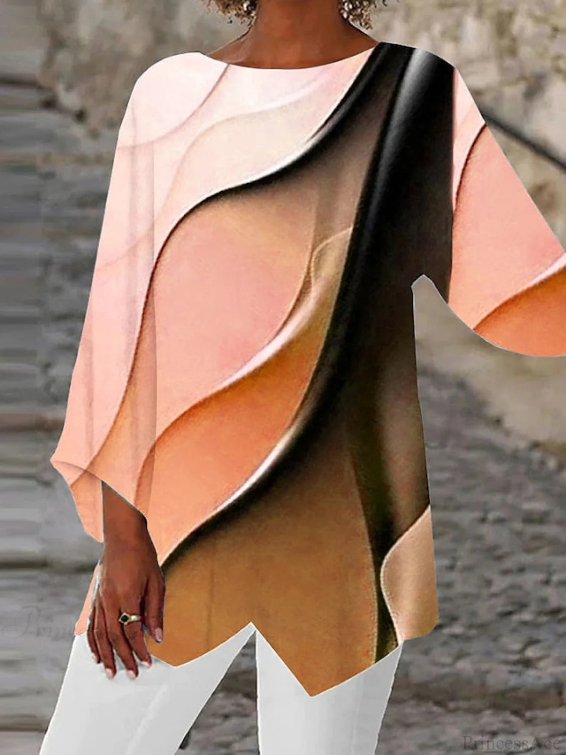 Casual Round Design Women’s Blouse Abstract Asymmetric Graphic Yellow Long Neck - Arm Basic Pink