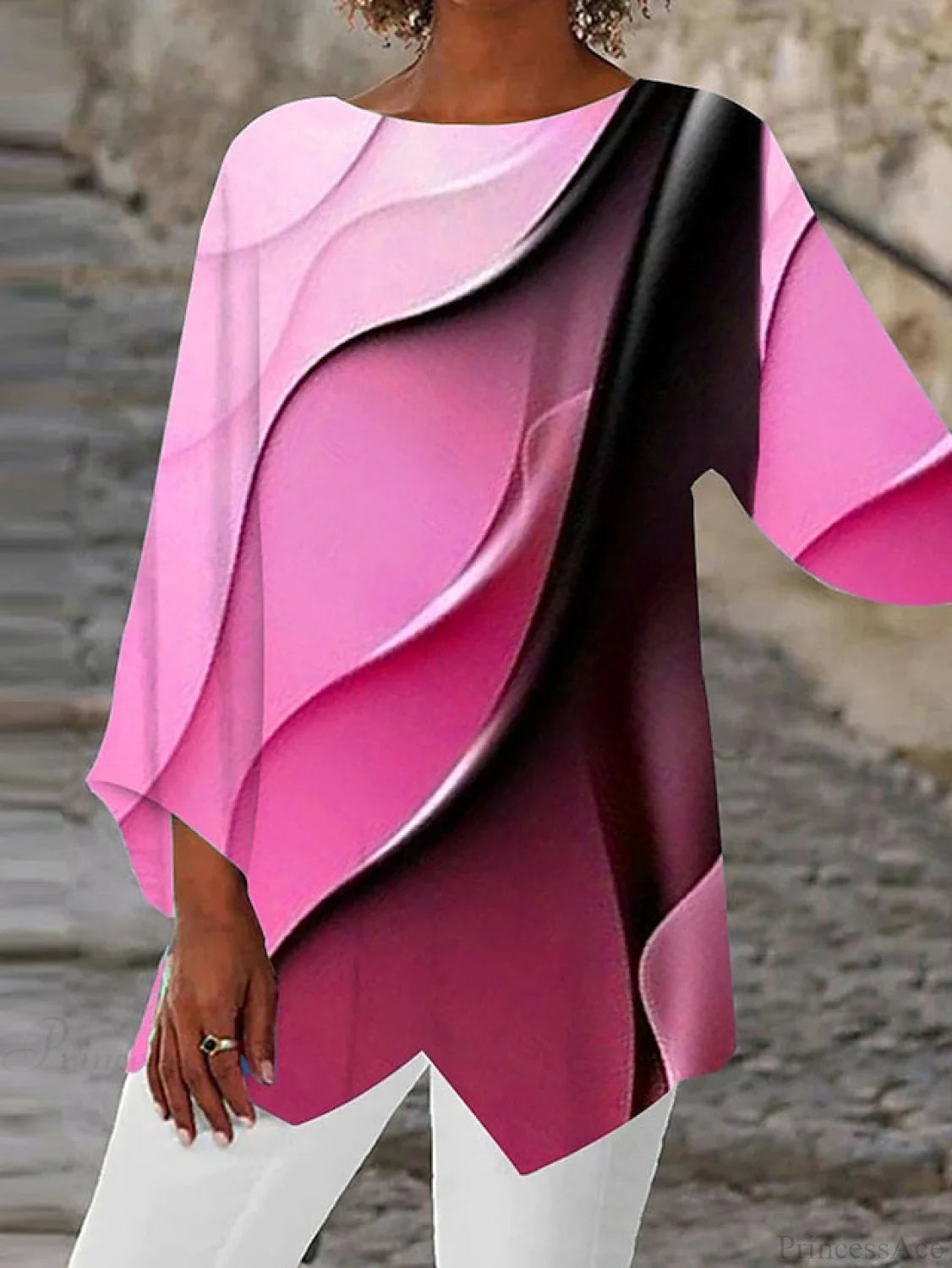 Casual Round Design Women’s Blouse Abstract Asymmetric Graphic Yellow Long Neck - Arm Basic Pink