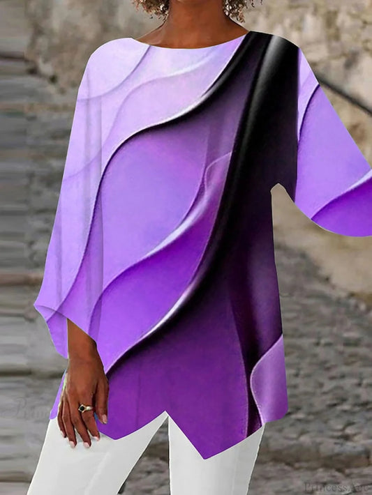 Casual Round Design Women’s Blouse Abstract Asymmetric Graphic Yellow Long Neck - Arm Basic Pink