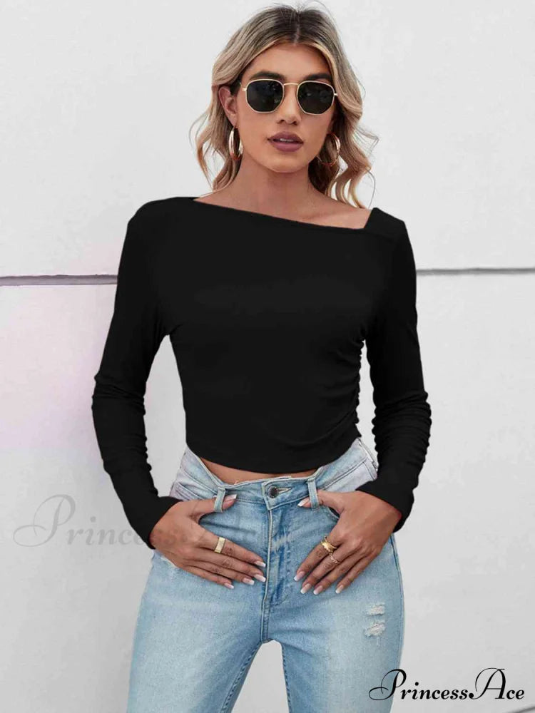 Asymmetrical Neck Long Sleeve Basic Casual Topl, Long Sleeve T-Shirt Black clothes long sleeve shirts long sleeve top long sleeve tops Ship From Overseas shirt shirts top tops Y@Q@S