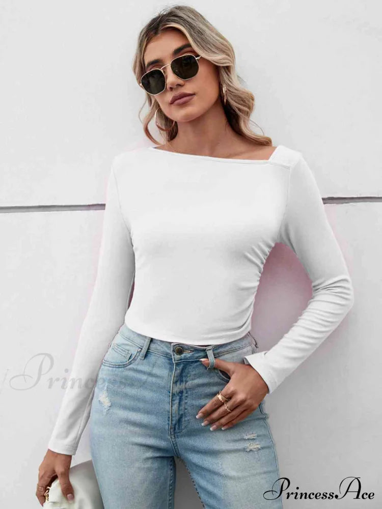 Asymmetrical Neck Long Sleeve Basic Casual Topl, Long Sleeve T-Shirt Light Gray clothes long sleeve shirts long sleeve top long sleeve tops Ship From Overseas shirt shirts top tops Y@Q@S