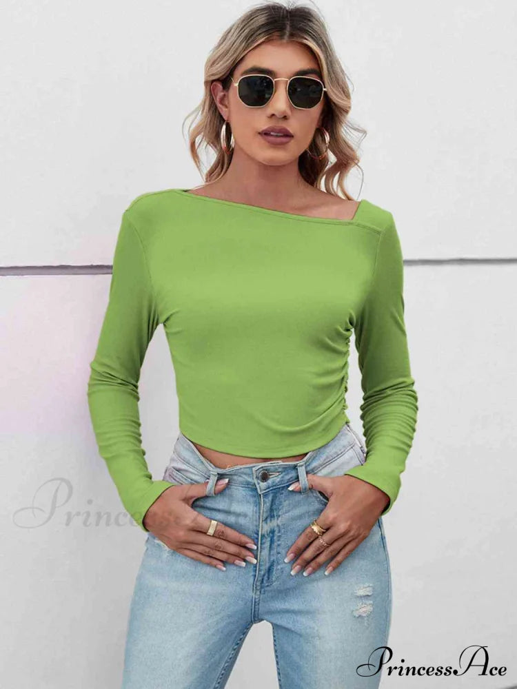 Asymmetrical Neck Long Sleeve Basic Casual Topl, Long Sleeve T-Shirt Mint Green clothes long sleeve shirts long sleeve top long sleeve tops Ship From Overseas shirt shirts top tops Y@Q@S