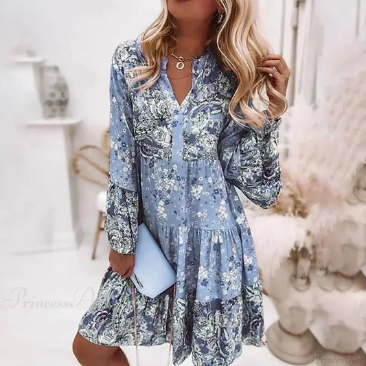 Casual Boho Floral V-neck Ruffled A-line Beach Party Floral Dress Blue / S oldfloraldress-250126