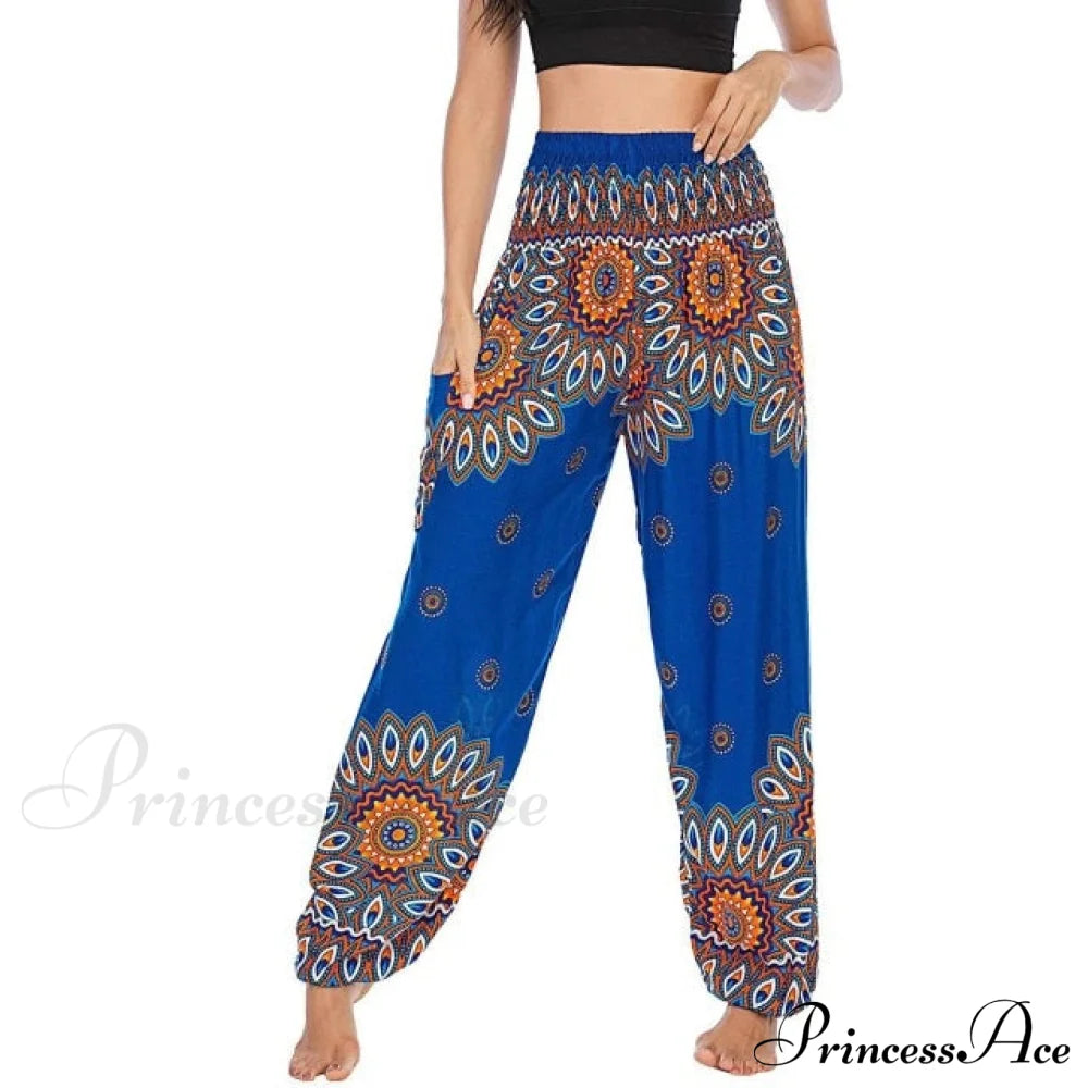 Casual Boho Vintage Wide Leg Pants Blue / S