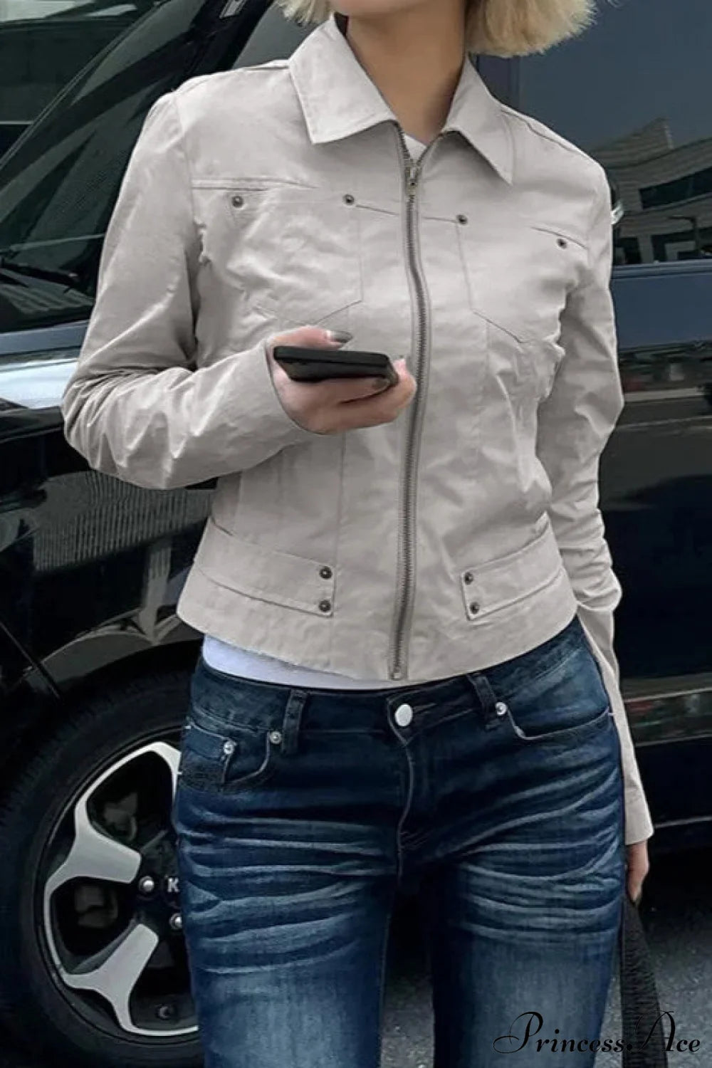 Casual Cargo Solid Lapel Zip Jacket Grey / S