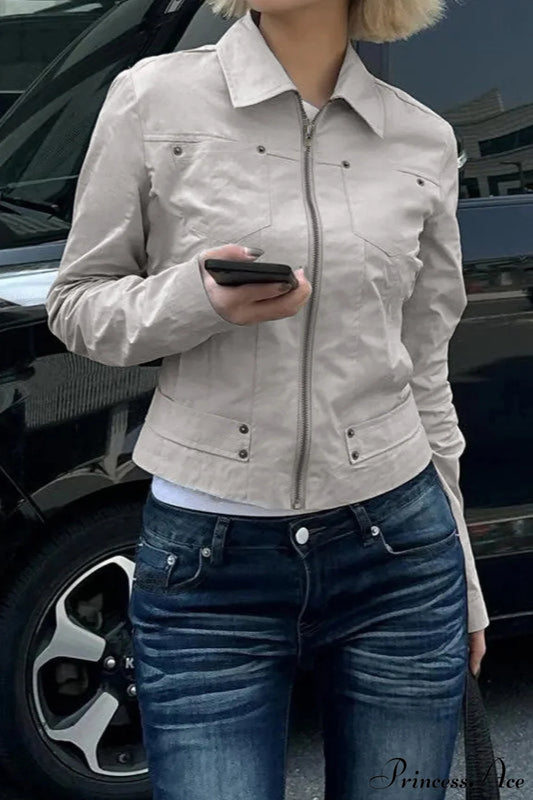 Casual Cargo Solid Lapel Zip Jacket Grey / S