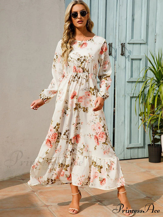 Casual Coastal Long Bohemian Flowered Dress S / White Dresses