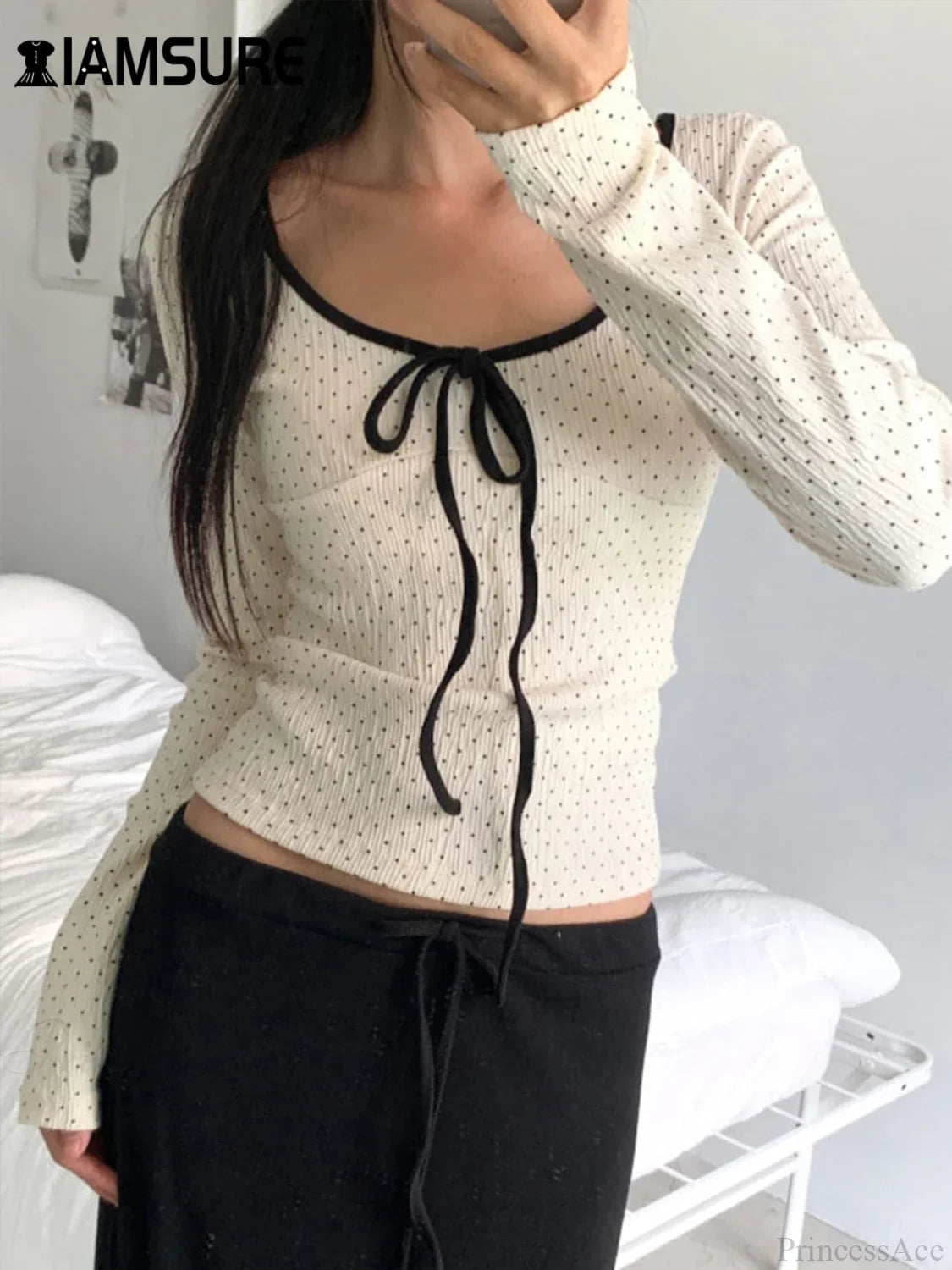 Casual Contrast Color Dot Printed Slim O-Neck Knit Top Ivory / S knittop-250126