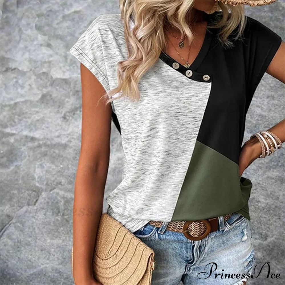 Casual Contrast Color T-Shirt Blouses