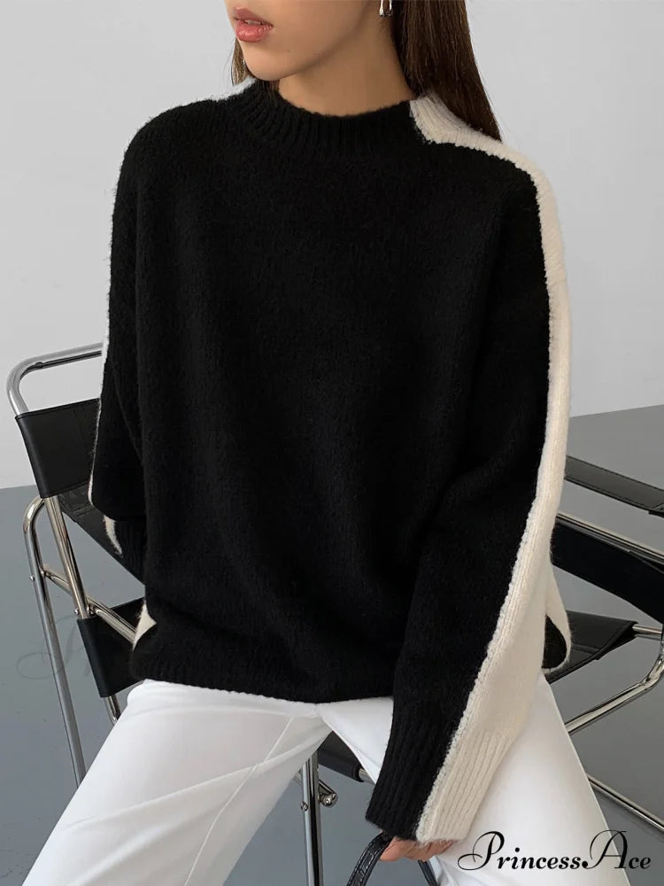 Casual Contrast Graceful Color Knit Sweater Black / Xs Sweaters-L