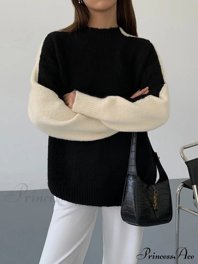 Casual Contrast Graceful Color Knit Sweater Sweaters-L