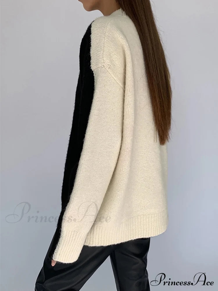 Casual Contrast Graceful Color Knit Sweater Sweaters-L