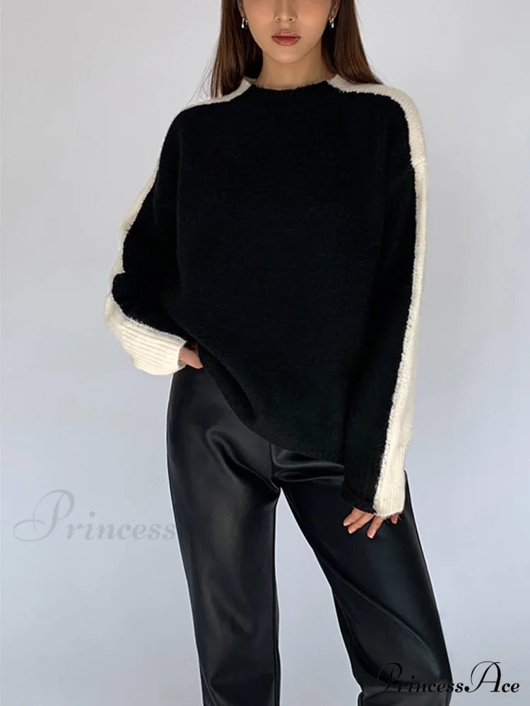 Casual Contrast Graceful Color Knit Sweater Sweaters-L