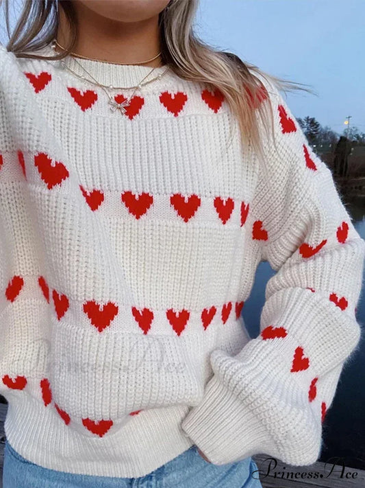 Casual Cozy Heart Print Loose O-Neck Long Sleeve Stylish Warm Sweater Sweaters-L