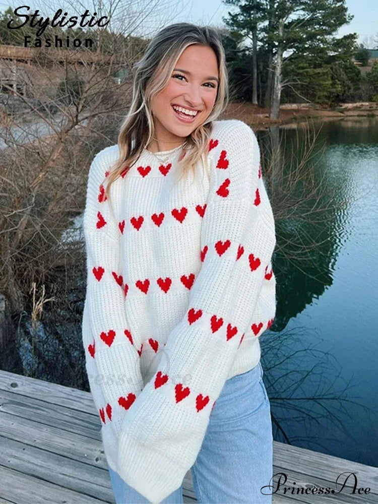 Casual Cozy Heart Print Loose O-Neck Long Sleeve Stylish Warm Sweater Sweaters-L