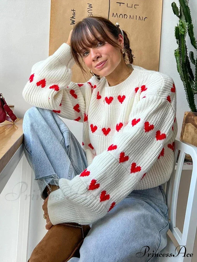 Casual Cozy Heart Print Loose O-Neck Long Sleeve Stylish Warm Sweater Sweaters-L