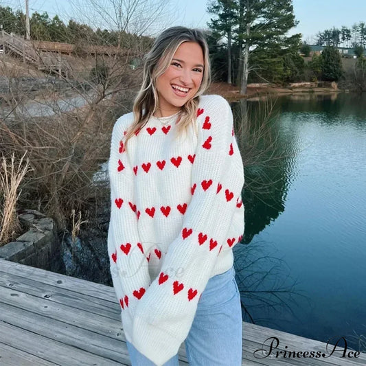 Casual Cozy Heart Print Loose O-Neck Long Sleeve Stylish Warm Sweater White / S Sweaters-L