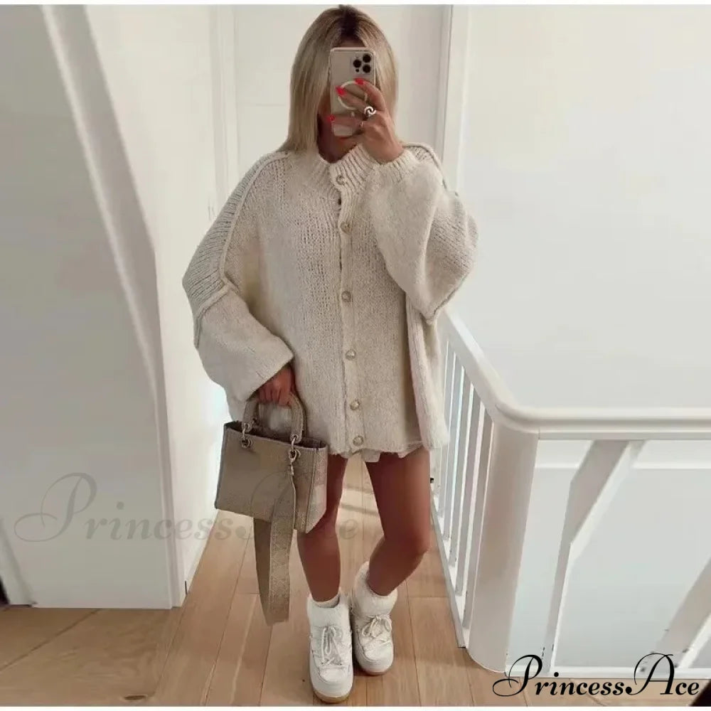 Casual Cozy Loose O-Neck Elegant Solid Comfortable Lantern Sleeve Stylish Sweater Sweaters-L