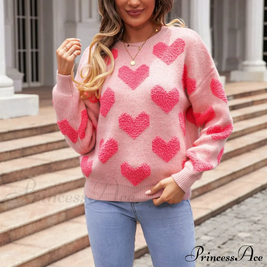 Casual Cozy Loose Pink Heart Pattern Comfortable Long Sleeve Fashionable Sweater / S Sweaters-L