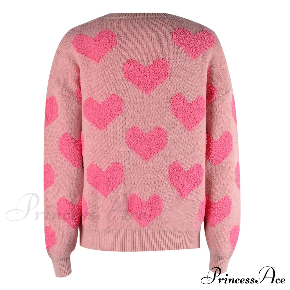 Casual Cozy Loose Pink Heart Pattern Comfortable Long Sleeve Fashionable Sweater Sweaters-L