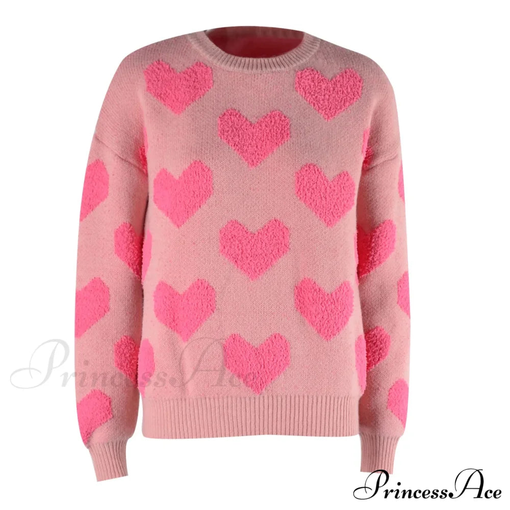 Casual Cozy Loose Pink Heart Pattern Comfortable Long Sleeve Fashionable Sweater Sweaters-L