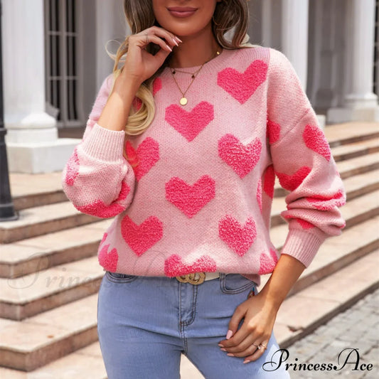 Casual Cozy Loose Pink Heart Pattern Comfortable Long Sleeve Fashionable Sweater Sweaters-L