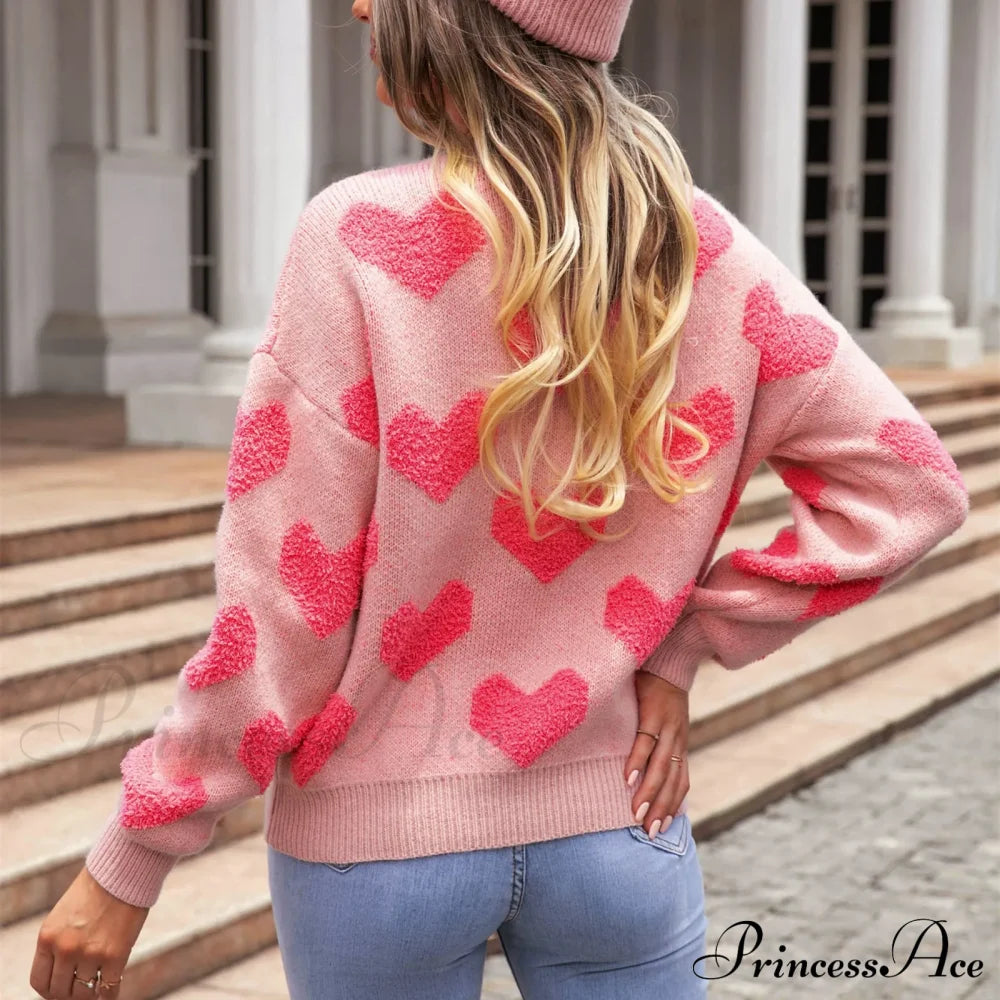 Casual Cozy Loose Pink Heart Pattern Comfortable Long Sleeve Fashionable Sweater Sweaters-L